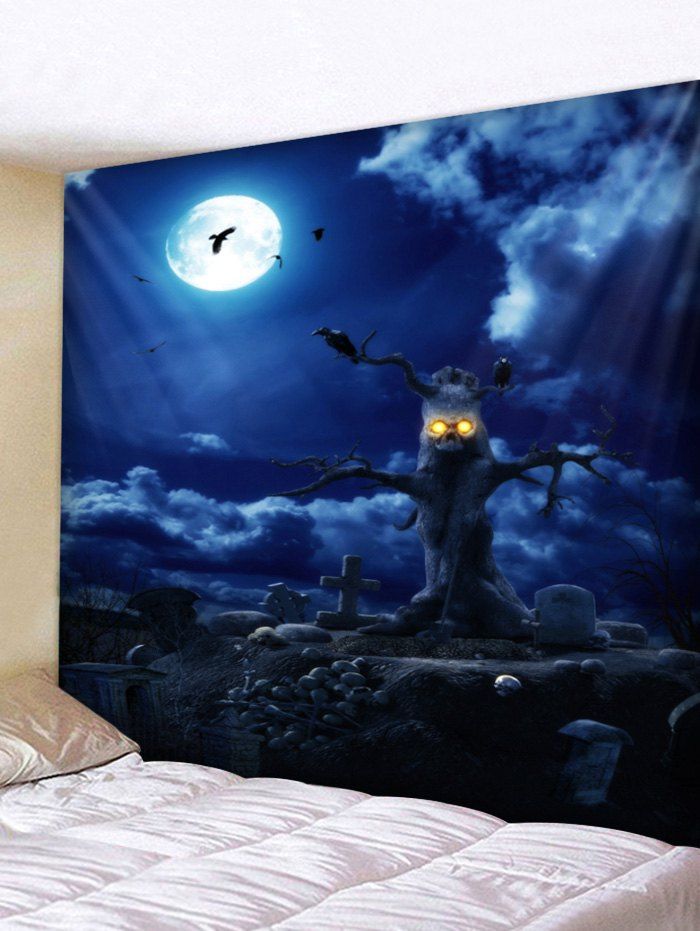 

Halloween Moon Night Big Tree Printed Wall Decor Tapetry, Deep blue