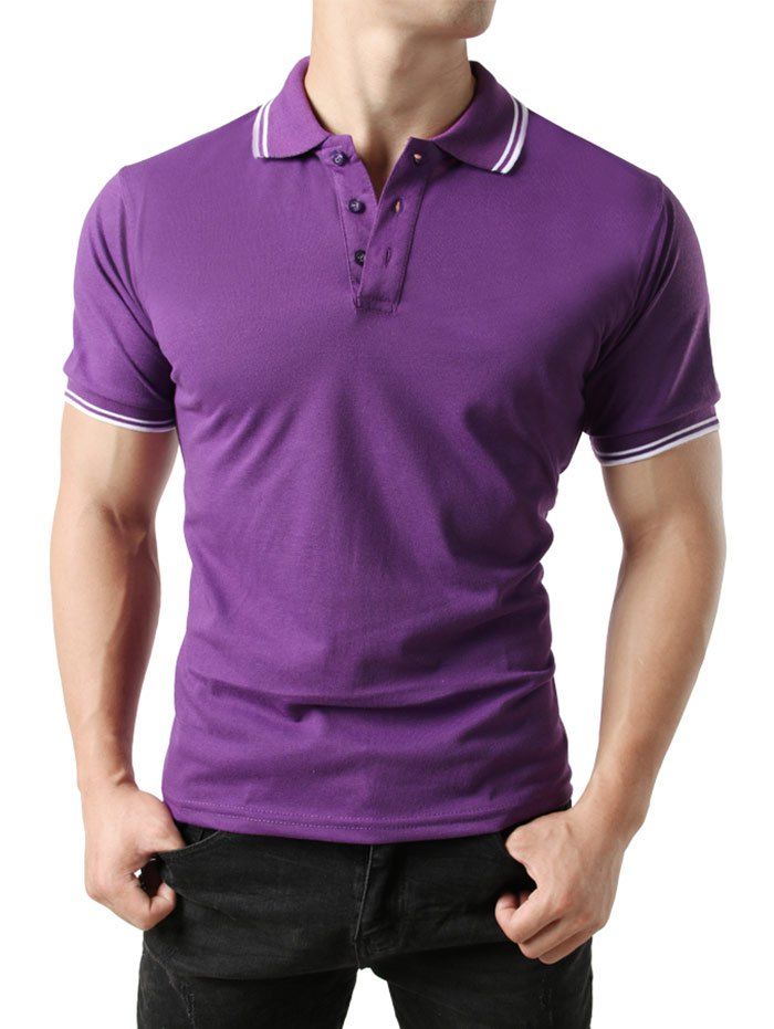 

Color Block Stripe Trim Polo T-shirt, Purple