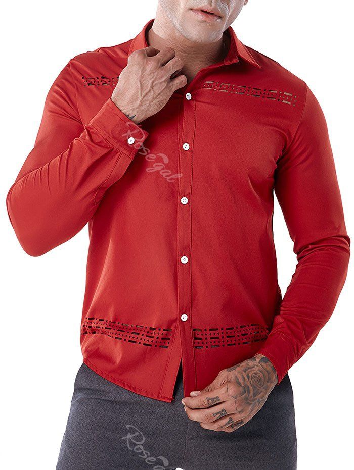 Sale Openwork Solid Color Long Sleeve Shirt  