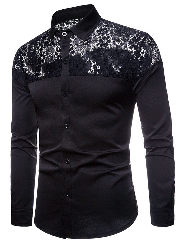 

Floral Lace Panel Long Sleeve Shirt, Black