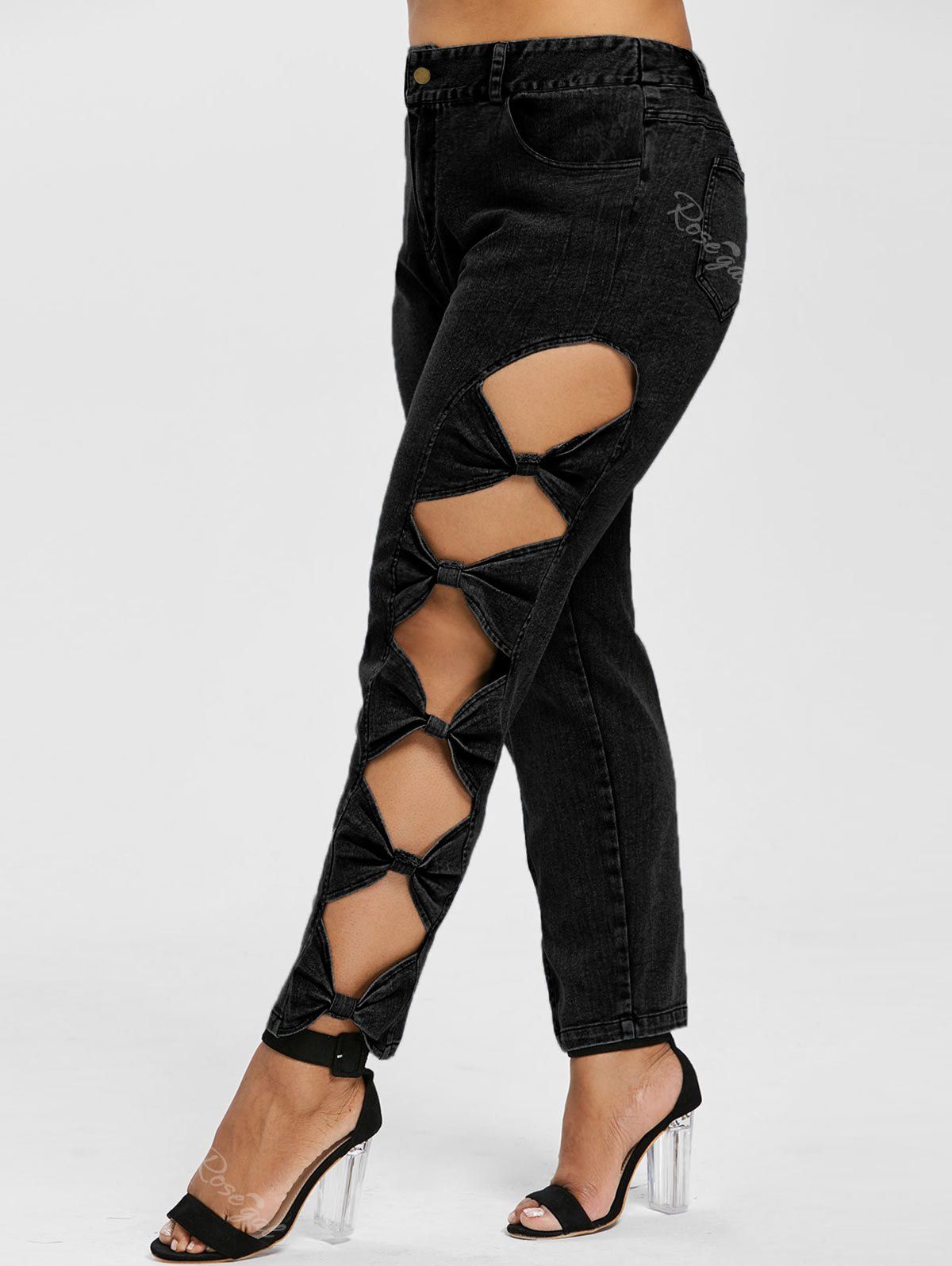 

Plus Size Bow Cut Sides Jeans, Black