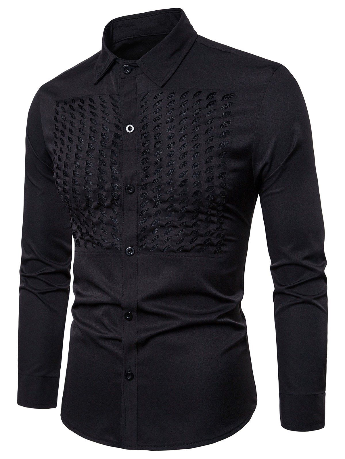 

Button Up Lace Panel Hollow Out Shirt, Black