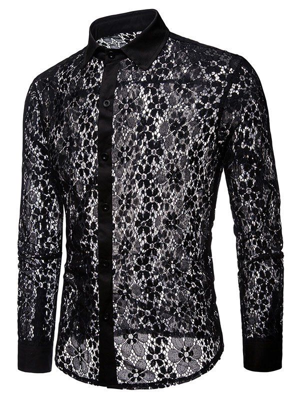 

Floral Lace Button Up Shirt, Black
