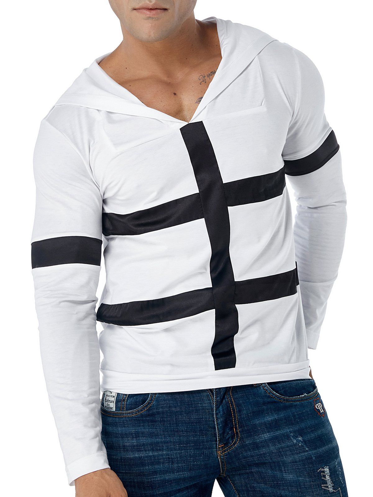 

Contrast Color Stripes Patch Hoodie, White