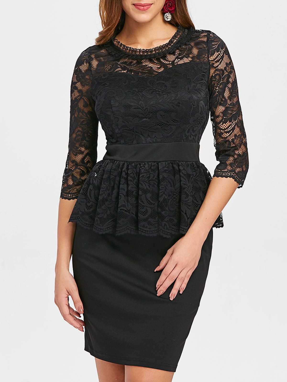 

Lace Panel Peplum Dress, Black
