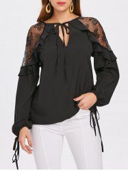 Lace Insert Self Tie Keyhole Blouse -  