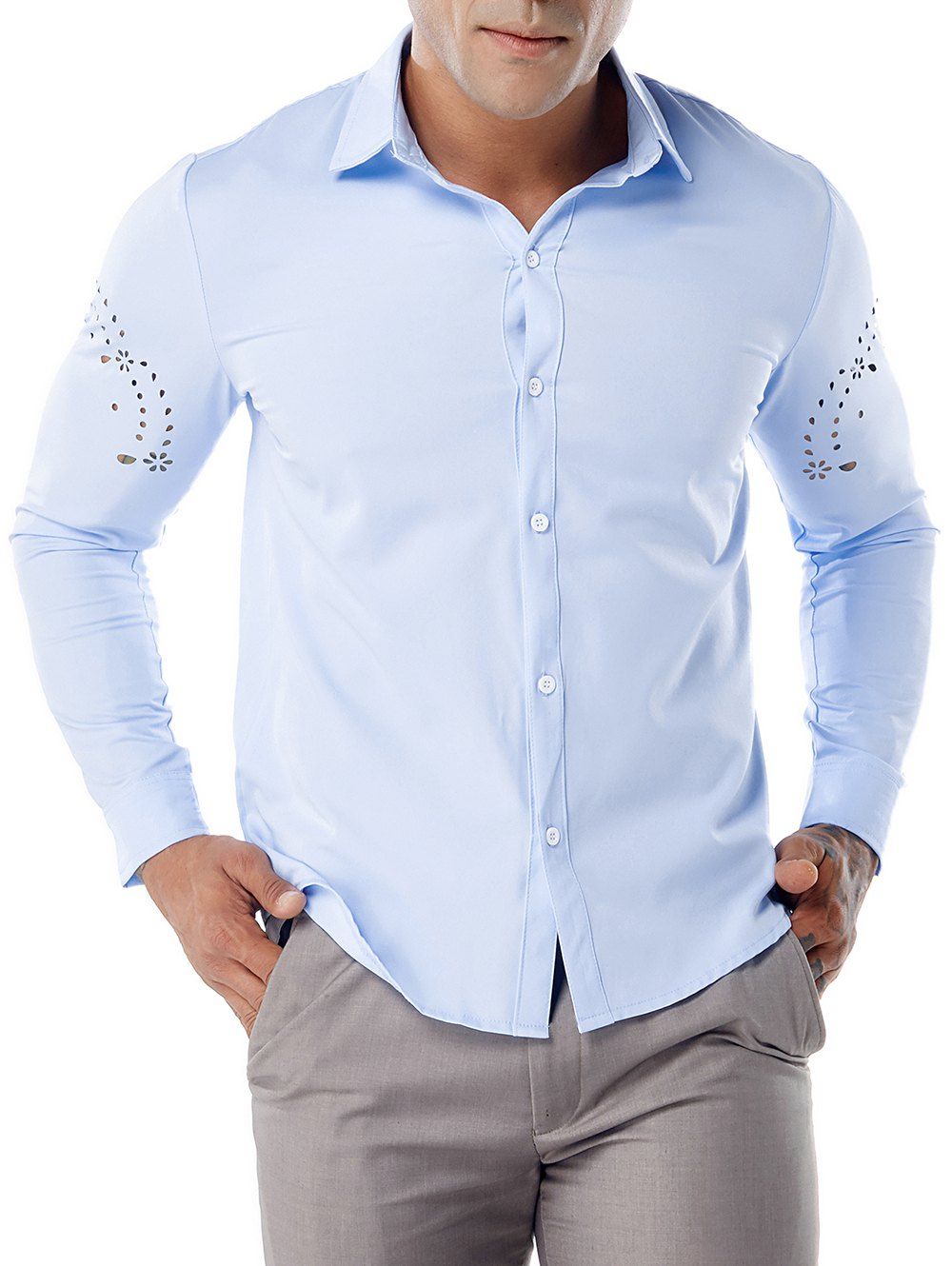 

Button Up Solid Color Hollow Out Shirt, Light blue