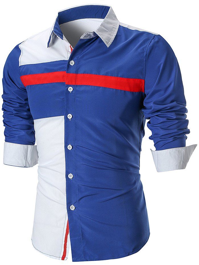 

Color Block Long Sleeve Casual Shirt, Blue