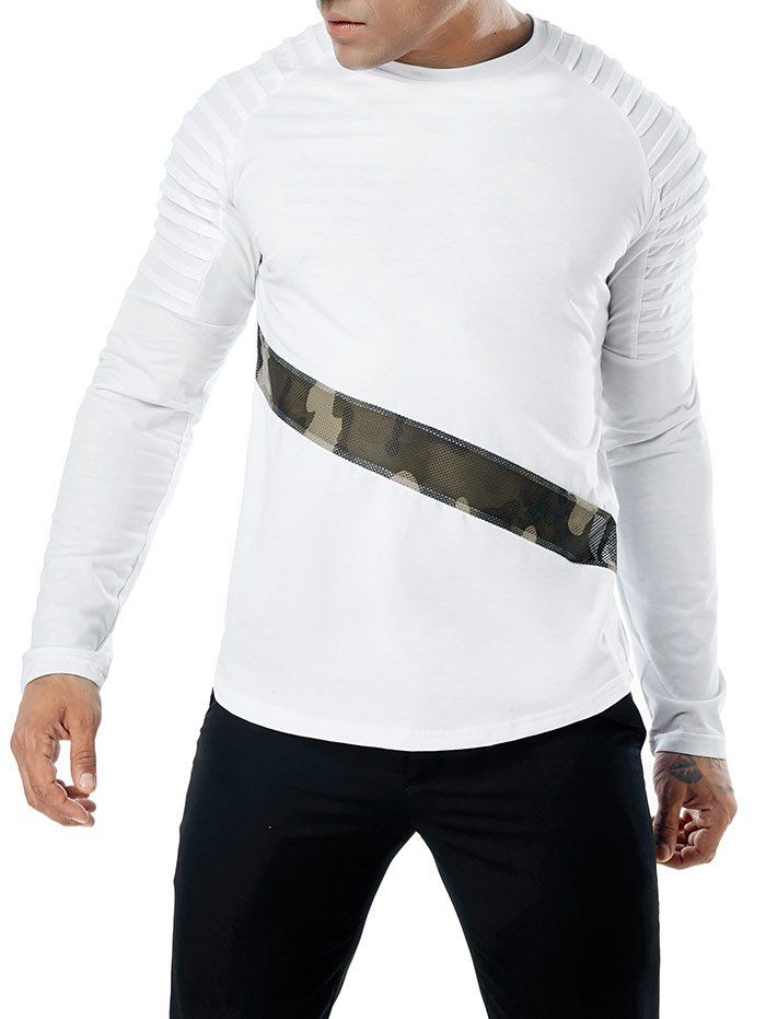 

Camo Mesh Patch Sleeve Pleated Design T-shirt, White