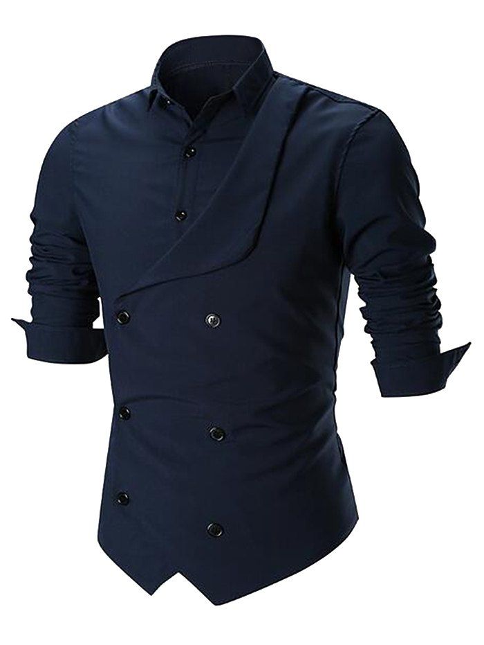 

Asymmetric Faux Twinset Double Breasted Shirt, Cadetblue
