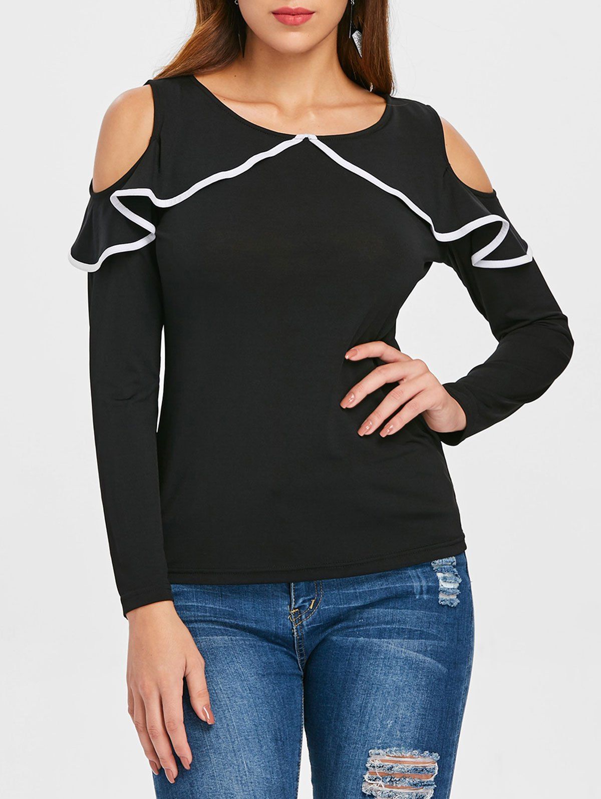 

Color Trim Cold Shoulder Flounce T-shirt, Black