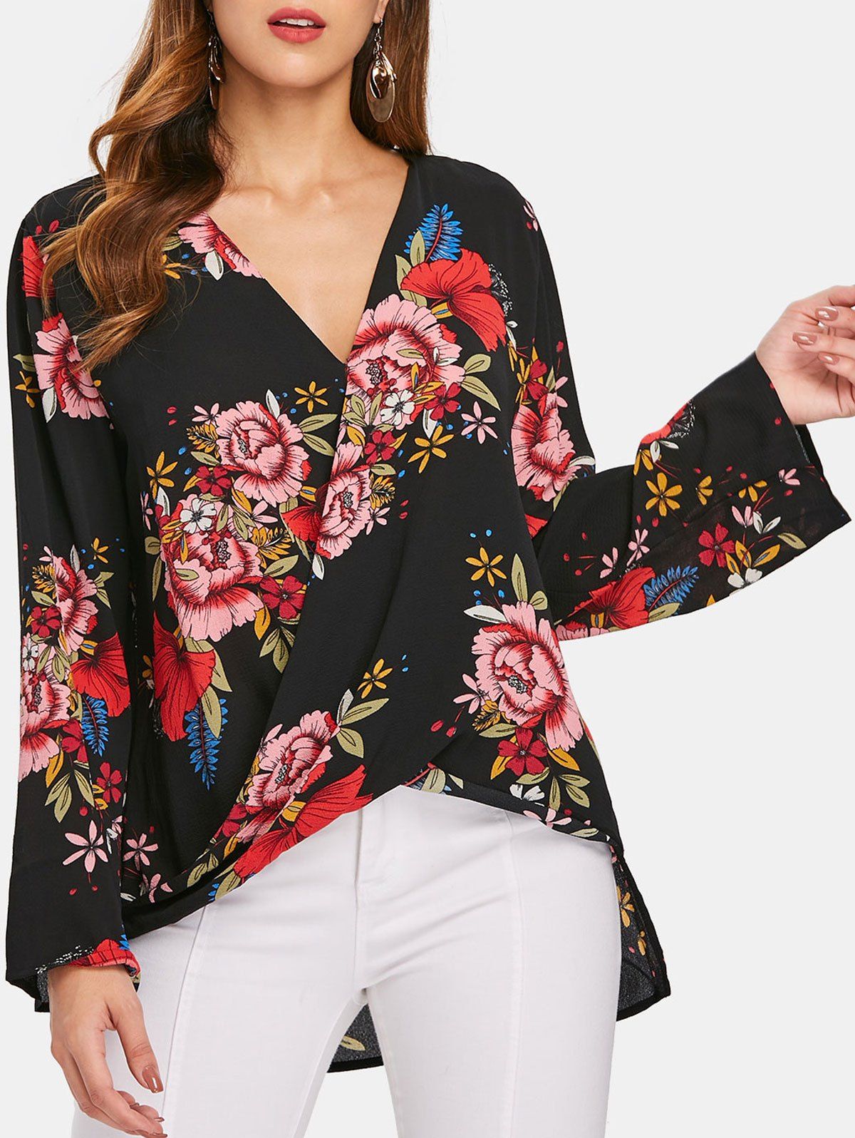

Print High Low Surplice Blouse, Black