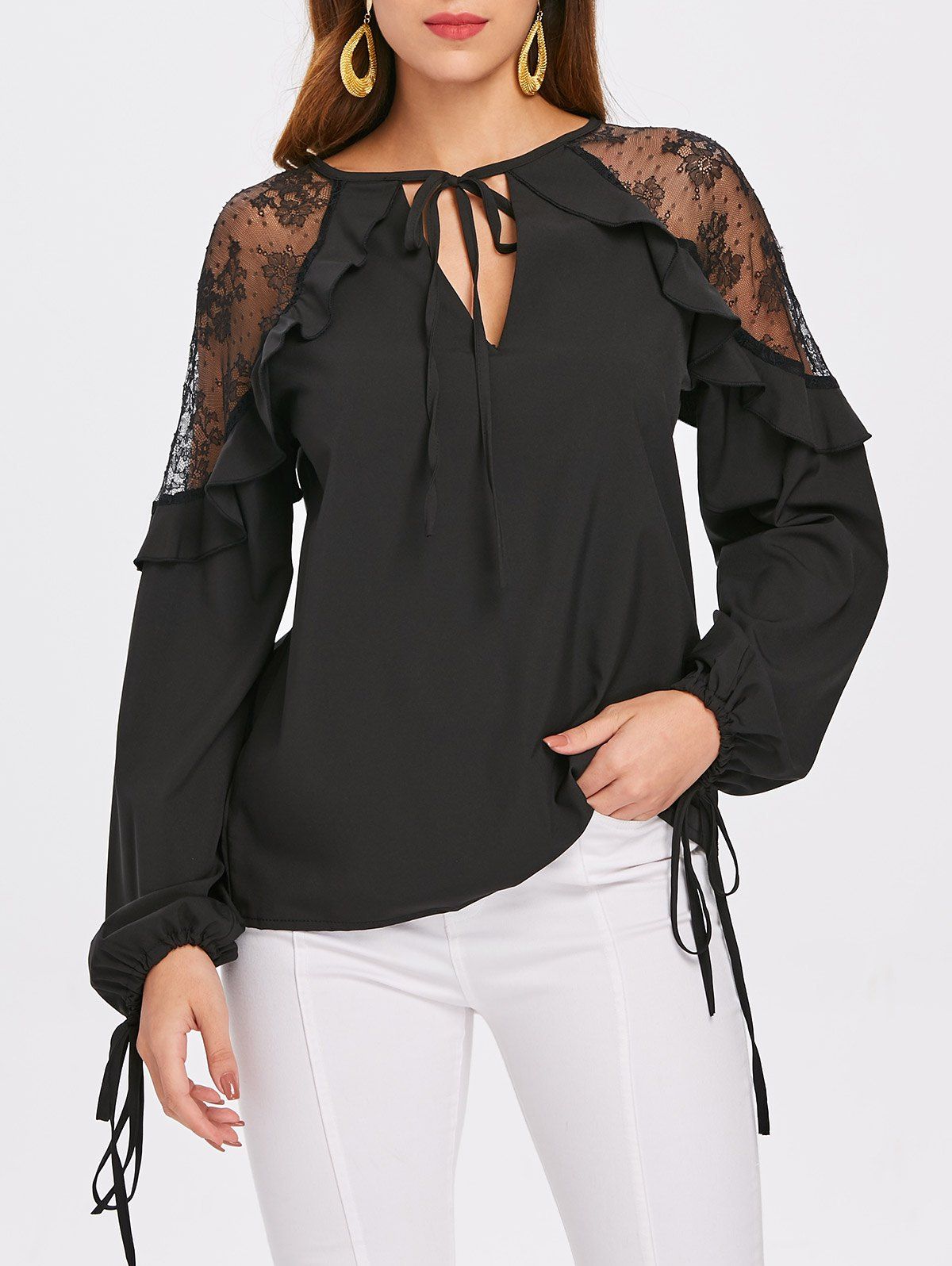 Trendy Lace Insert Self Tie Keyhole Blouse  