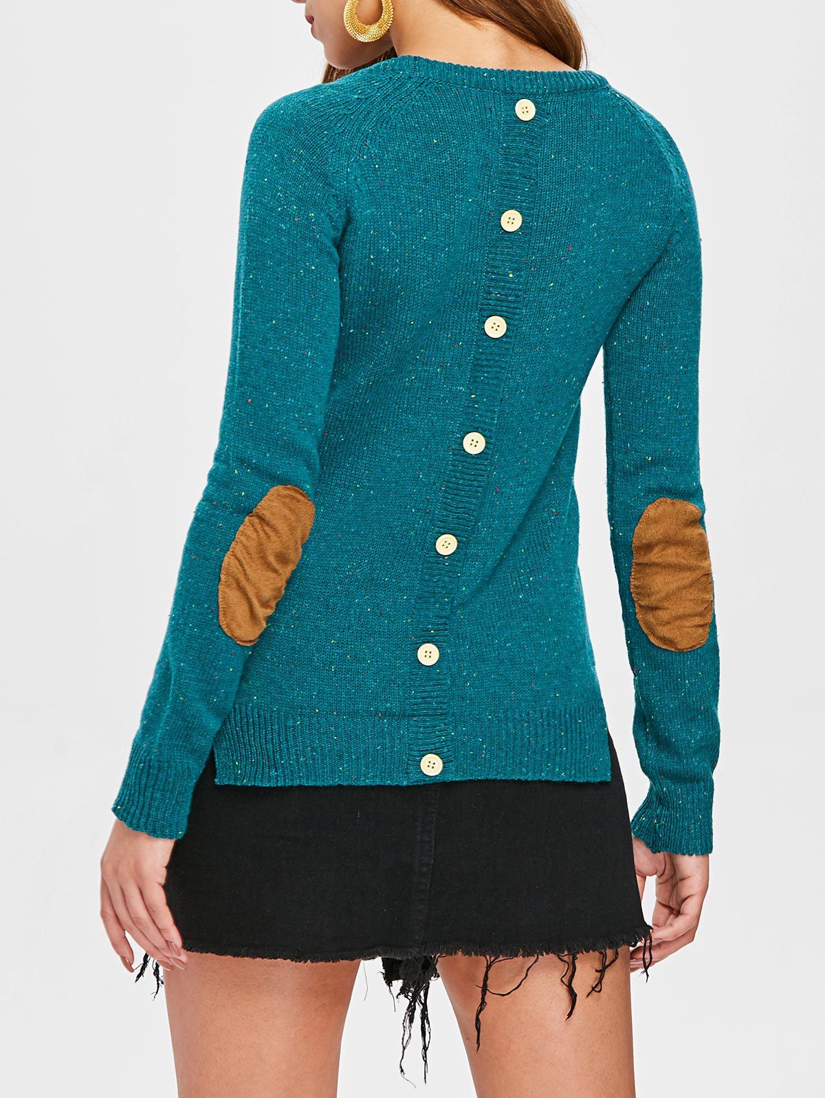 

Stylish Back Buttoned Elbow Spliced Pullover Sweater For Women, Green
