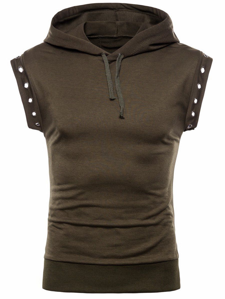 

Sleeveless Round Hole Embellished Hoodie, Army green