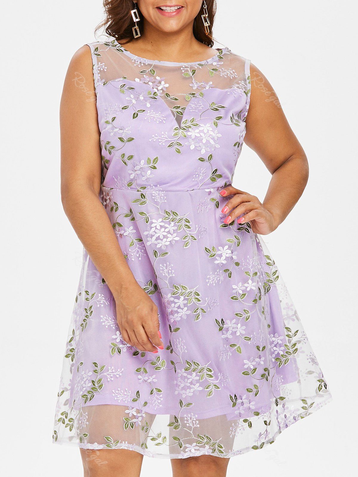 

Plus Size Embroidered Mesh Overlay Dress, Mauve
