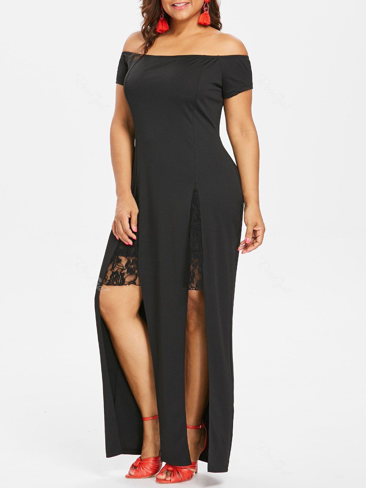 

Plus Size Lace Panel Off Shoulder Dress, Black
