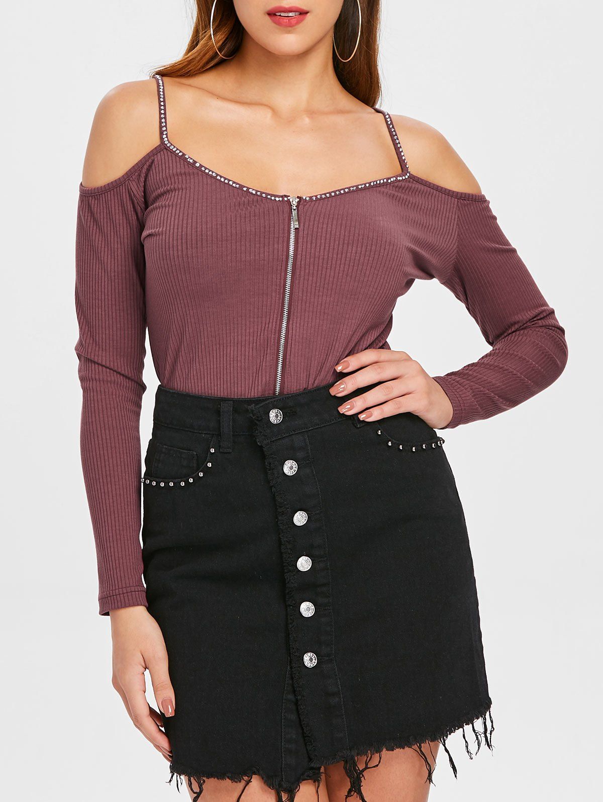 

Cold Shoulder Rhinestones Trim Knitwear, Rosy finch