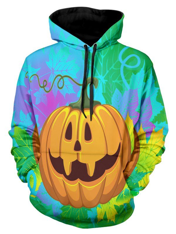 

Kangaroo Pocket Pumpkin Maple Leaf Printed Hoodie, Multi