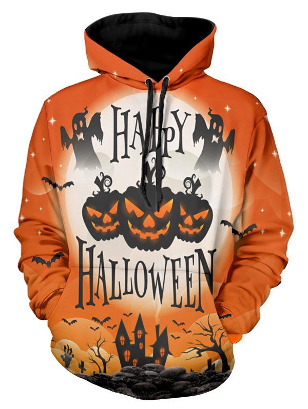 halloween theme letter print drawstring hoodie