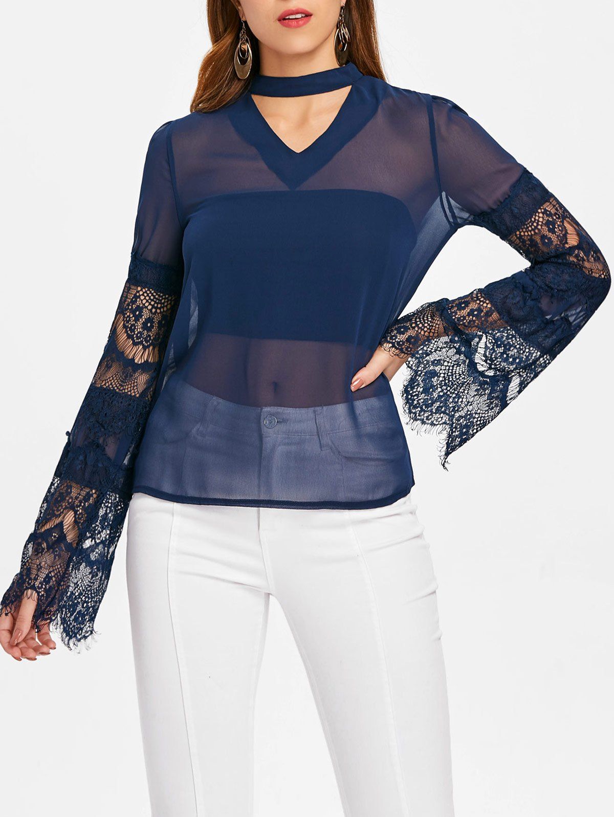 

Cut Out Lace Sleeve Blouse, Blue