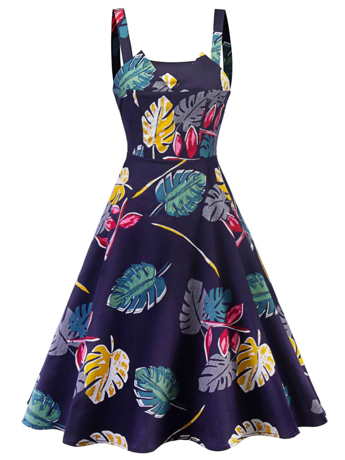 

Leaf Print Square Neck A Line Dress, Denim dark blue