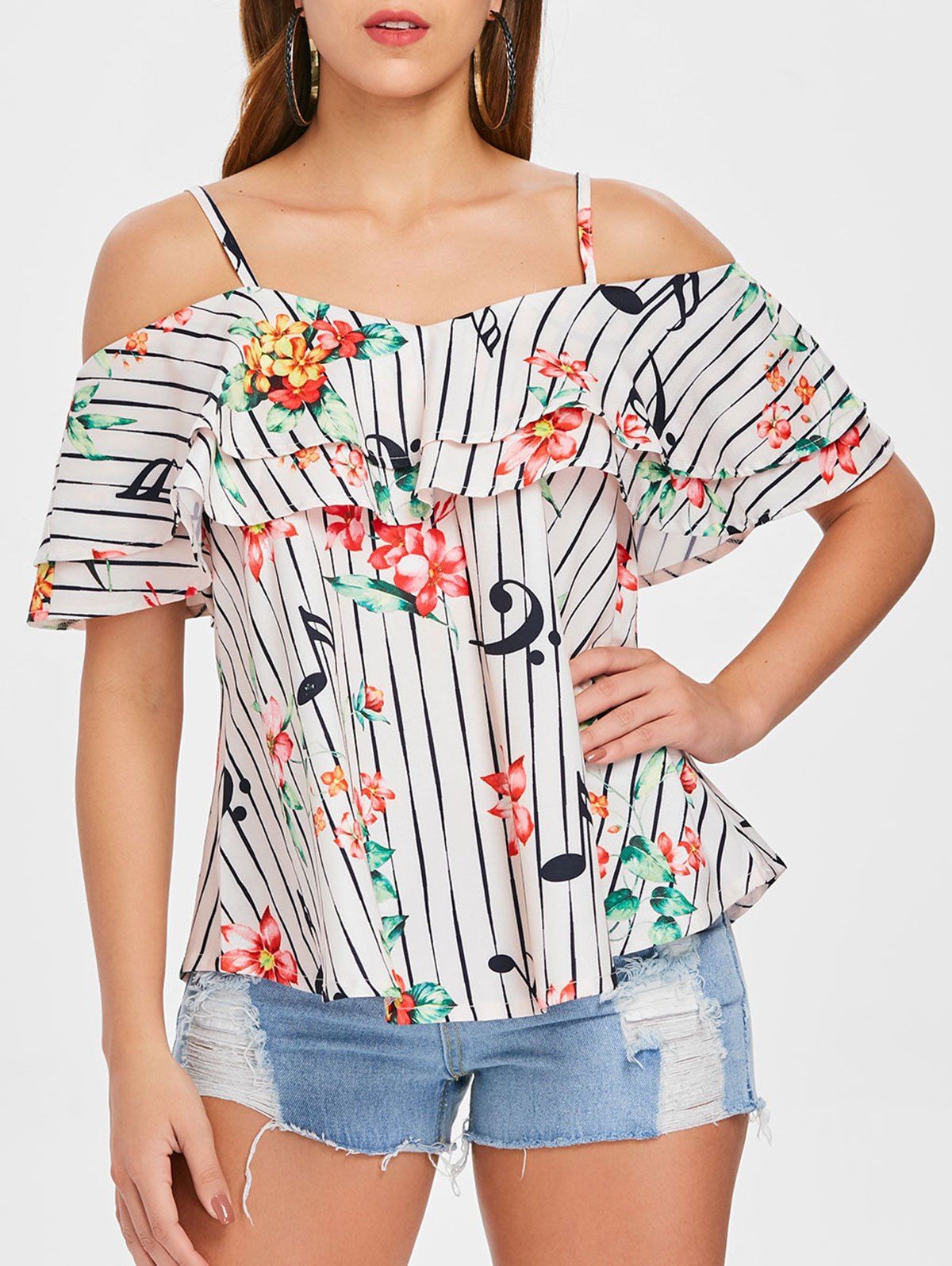 

Floral and Stripe Print Cold Shoulder Blouse, Multi