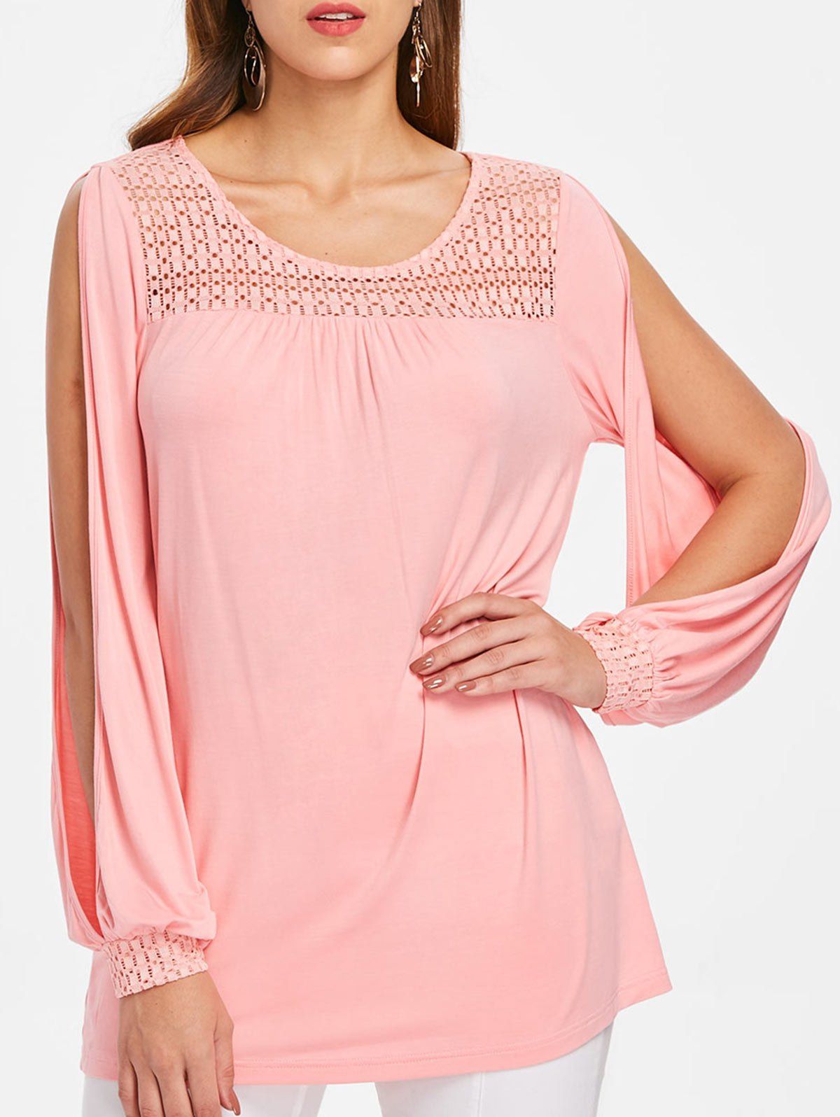 

Openwork Yoke Plus Size Slit Sleeve T-shirt, Light pink