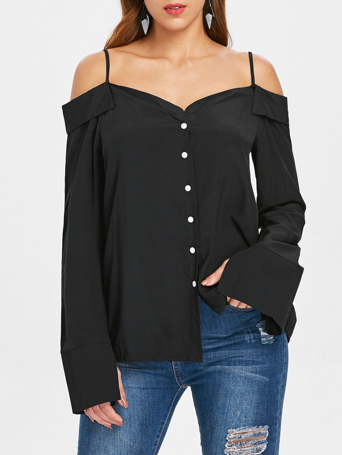 

Flared Sleeve Cold Shoulder Blouse, Black