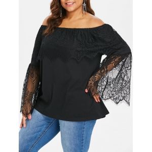 

Off The Shoulder Plus Size Eyelash Lace T-shirt, Black