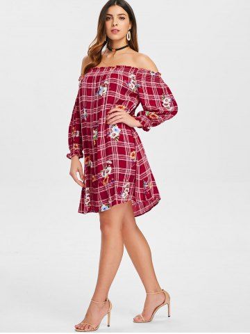 

Floral Plaid Print Off The Shoulder Dress, Multi