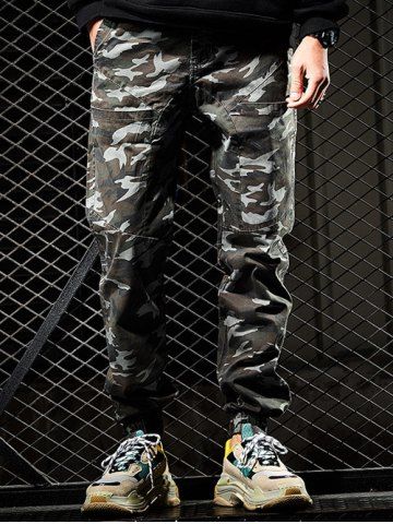 

Zip Fly Multi-pocket Camo Pattern Jogger Pants, Gray