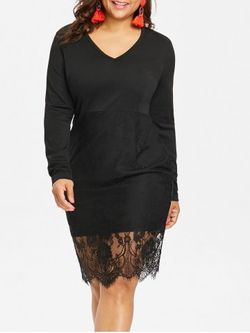 Plus Size Long Sleeve Lace Bodycon Dress - BLACK - L