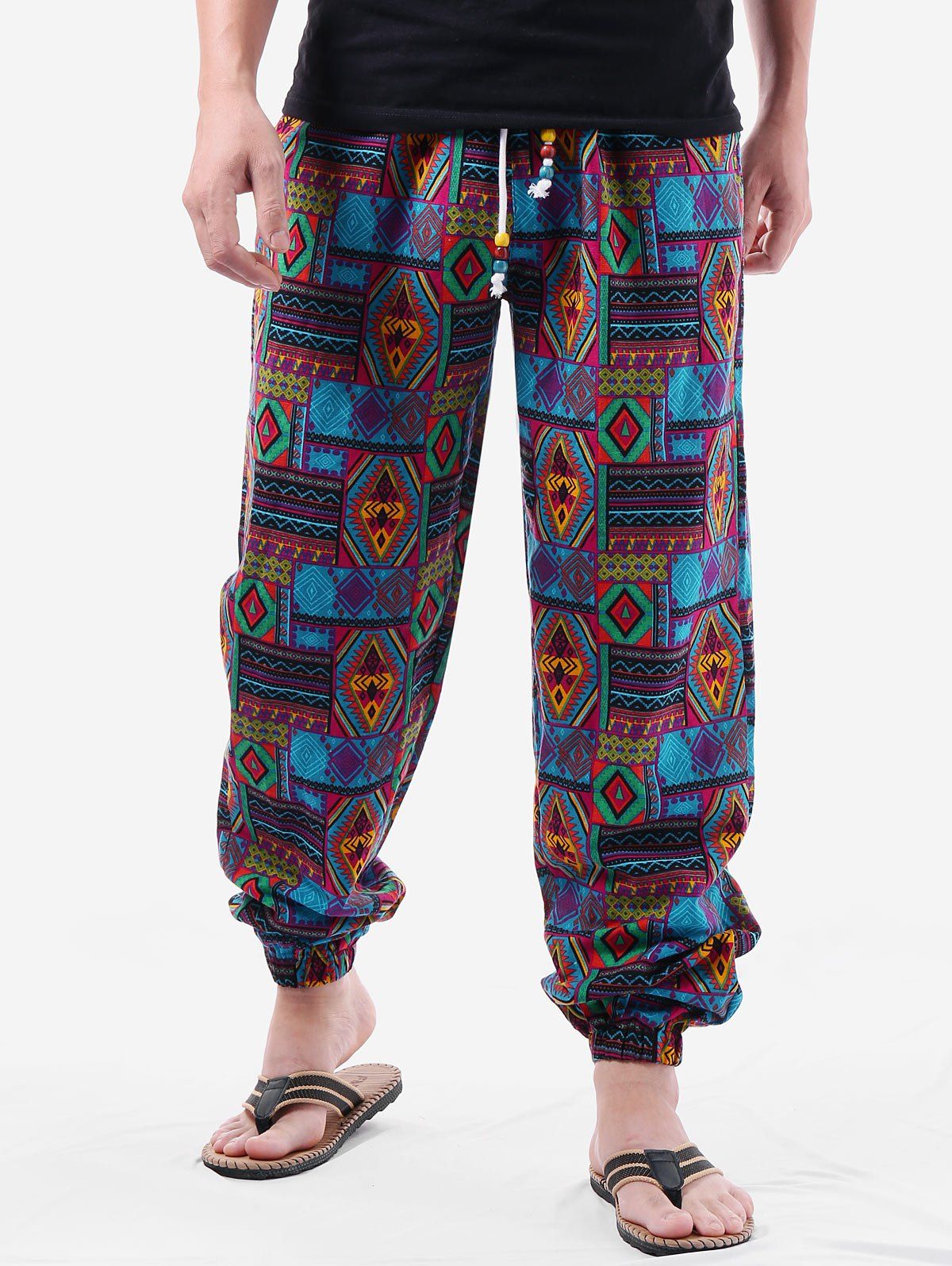 

Elastic Waist Ethnic Geometric Print Pants, Multi