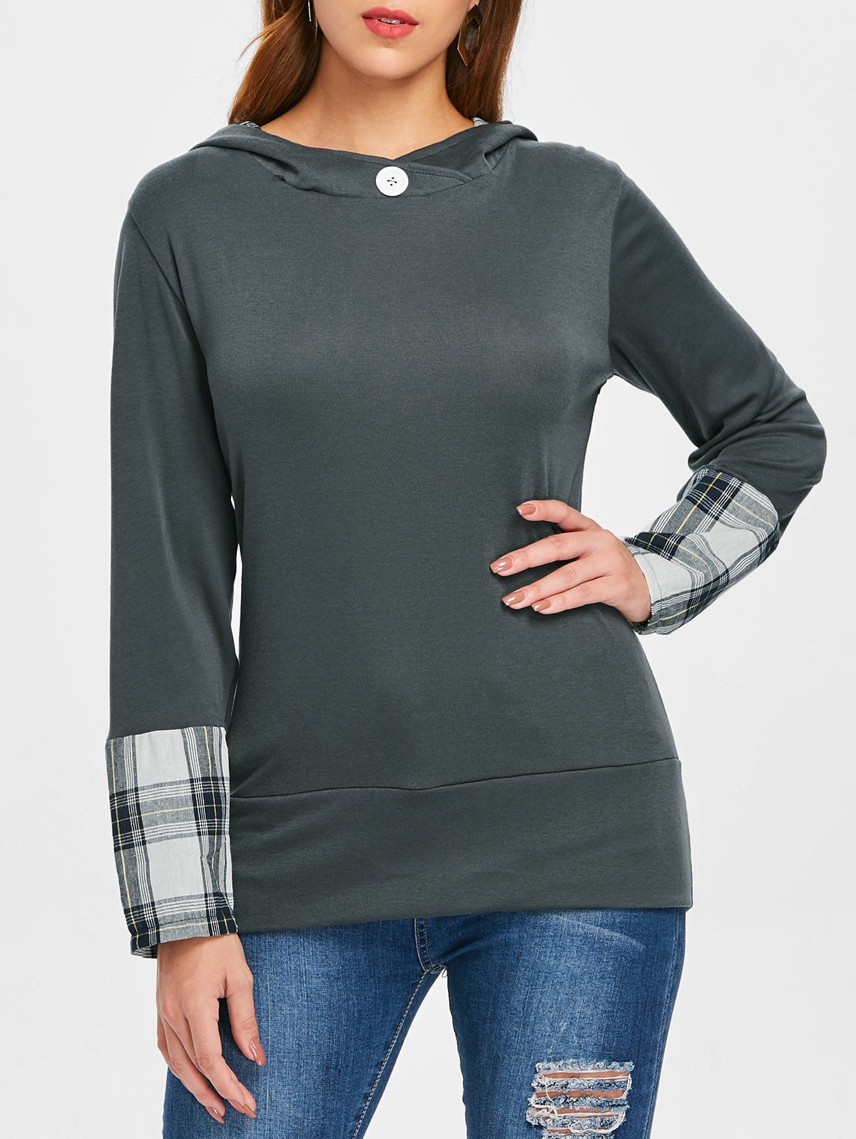 

Stylish Hooded Long Sleeve Spliced Plaid Women' Hoodie, Deep gray