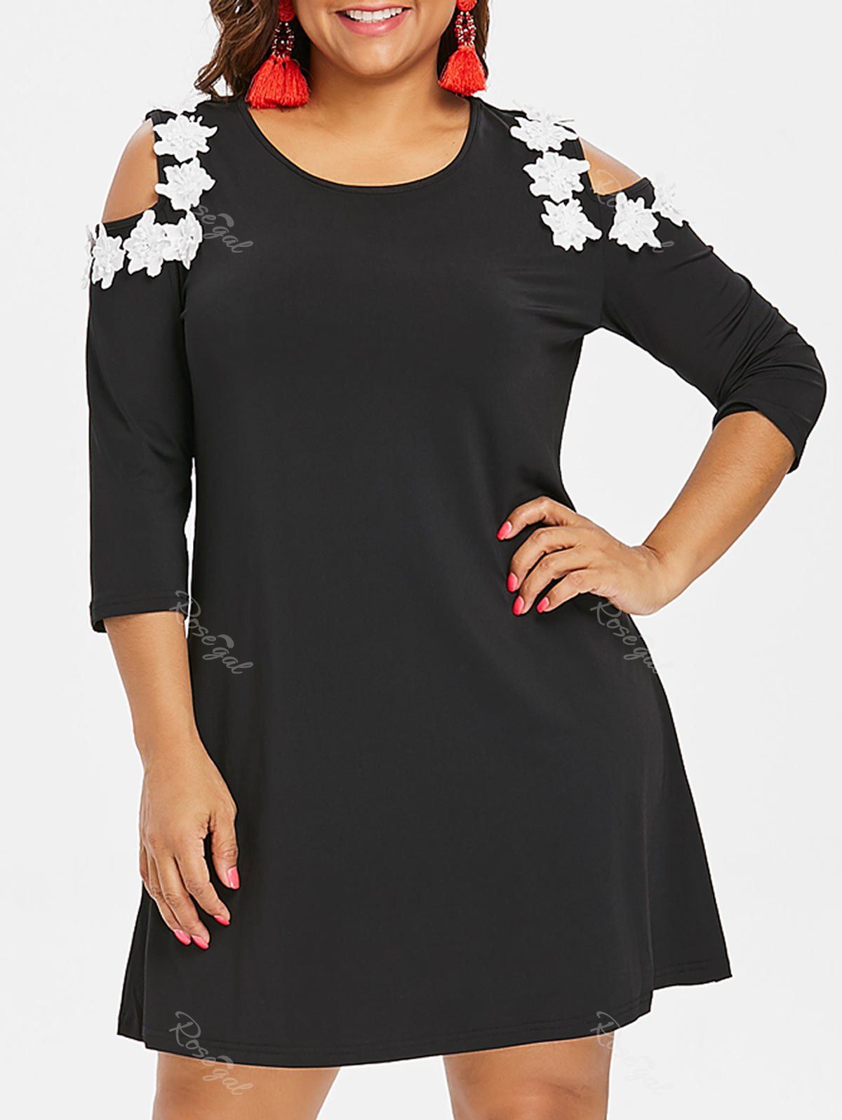 

Plus Size Applique Open Shoulder Dress, Black
