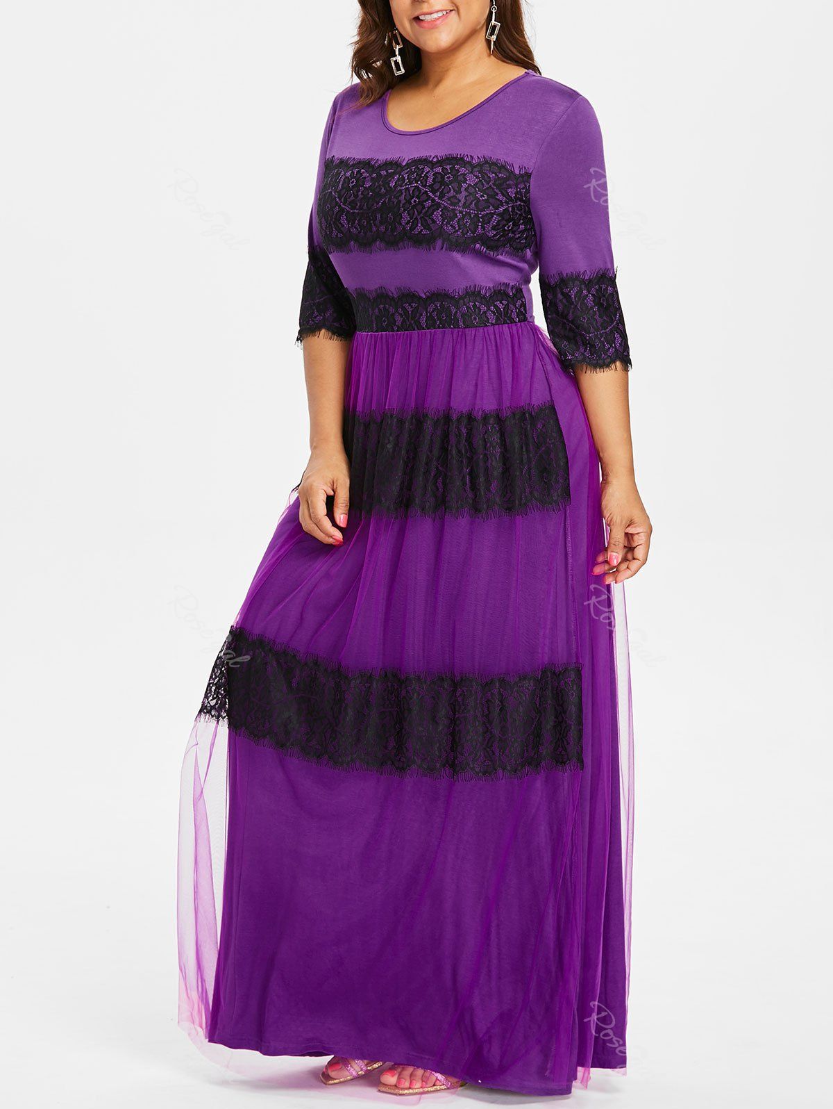 

Plus Size Lace Eyelash Floor Length Dress, Purple