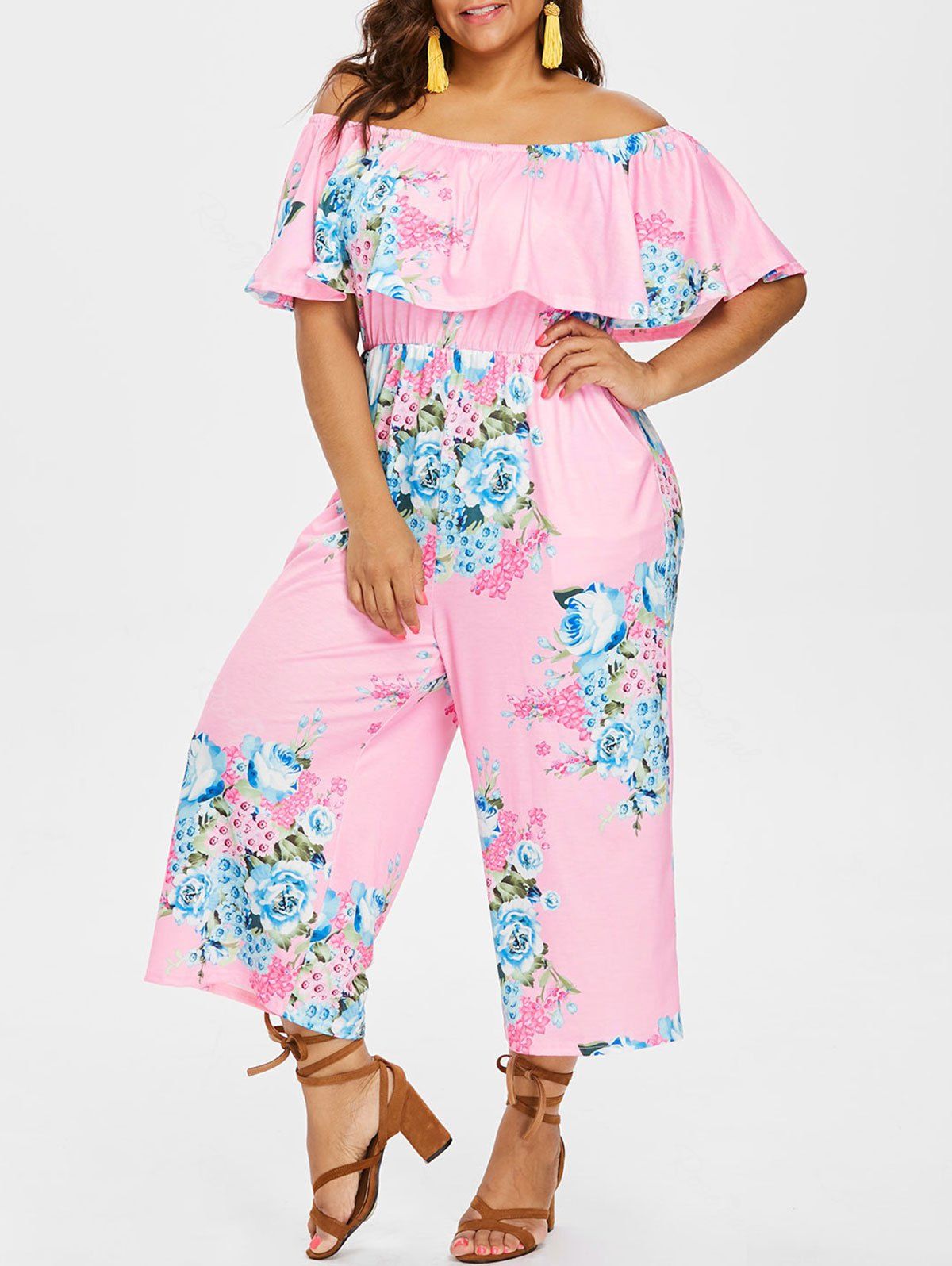 

Plus Size Print Flounce Jumpsuit, Light pink