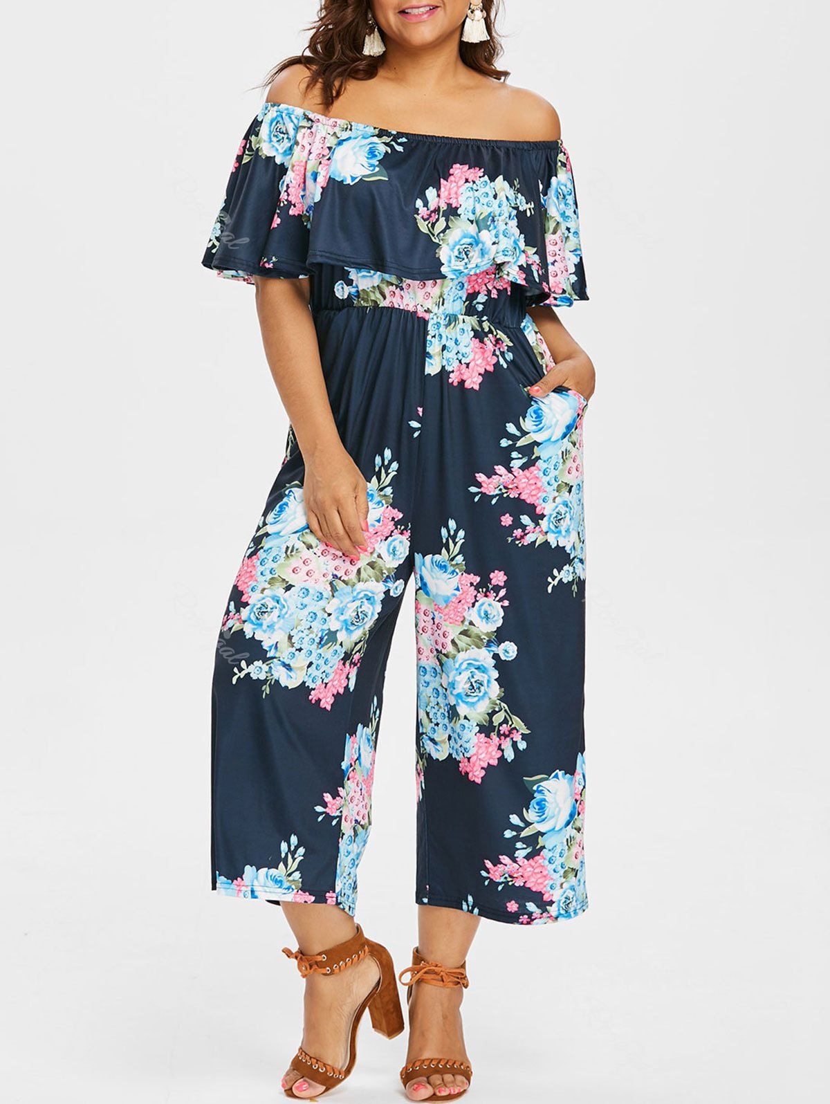 

Plus Size Print Flounce Jumpsuit, Cadetblue