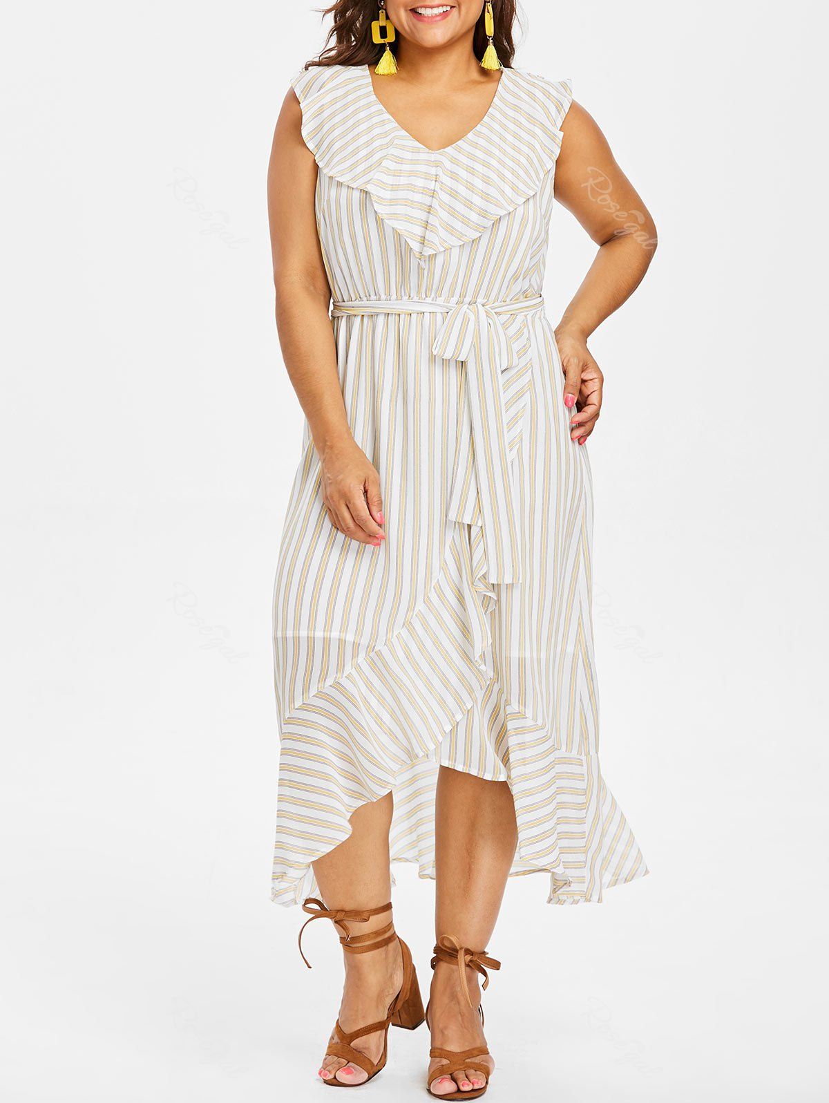 

Plus Size Sleeveless Striped Overlap Dress, White
