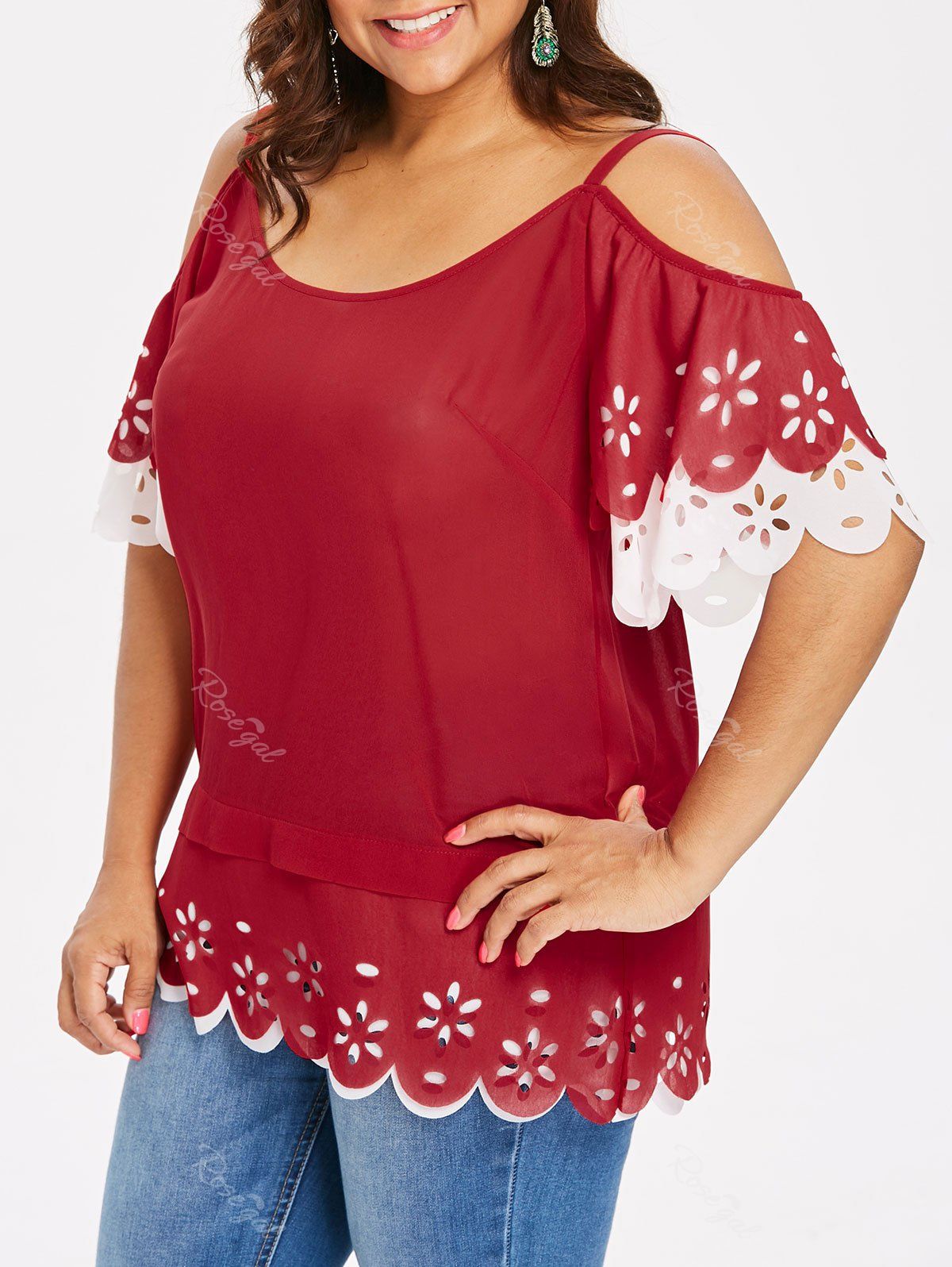 

Plus Size Cold Shoulder Cutwork Blouse, Red wine