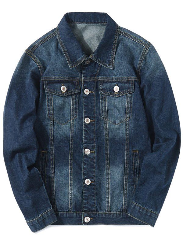 

Turn Down Collar Faded Chest Pockets Jean Jacket, Denim dark blue