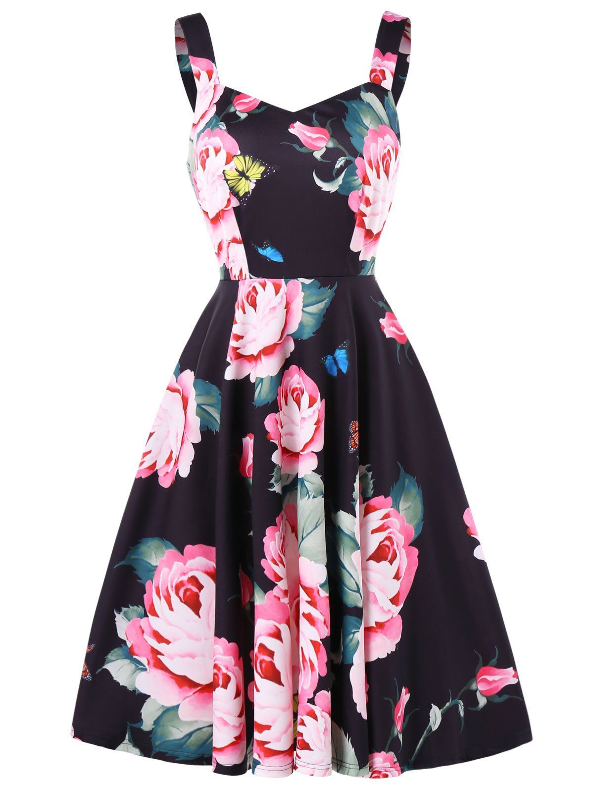 

Vintage Floral Print High Waist Dress, Black