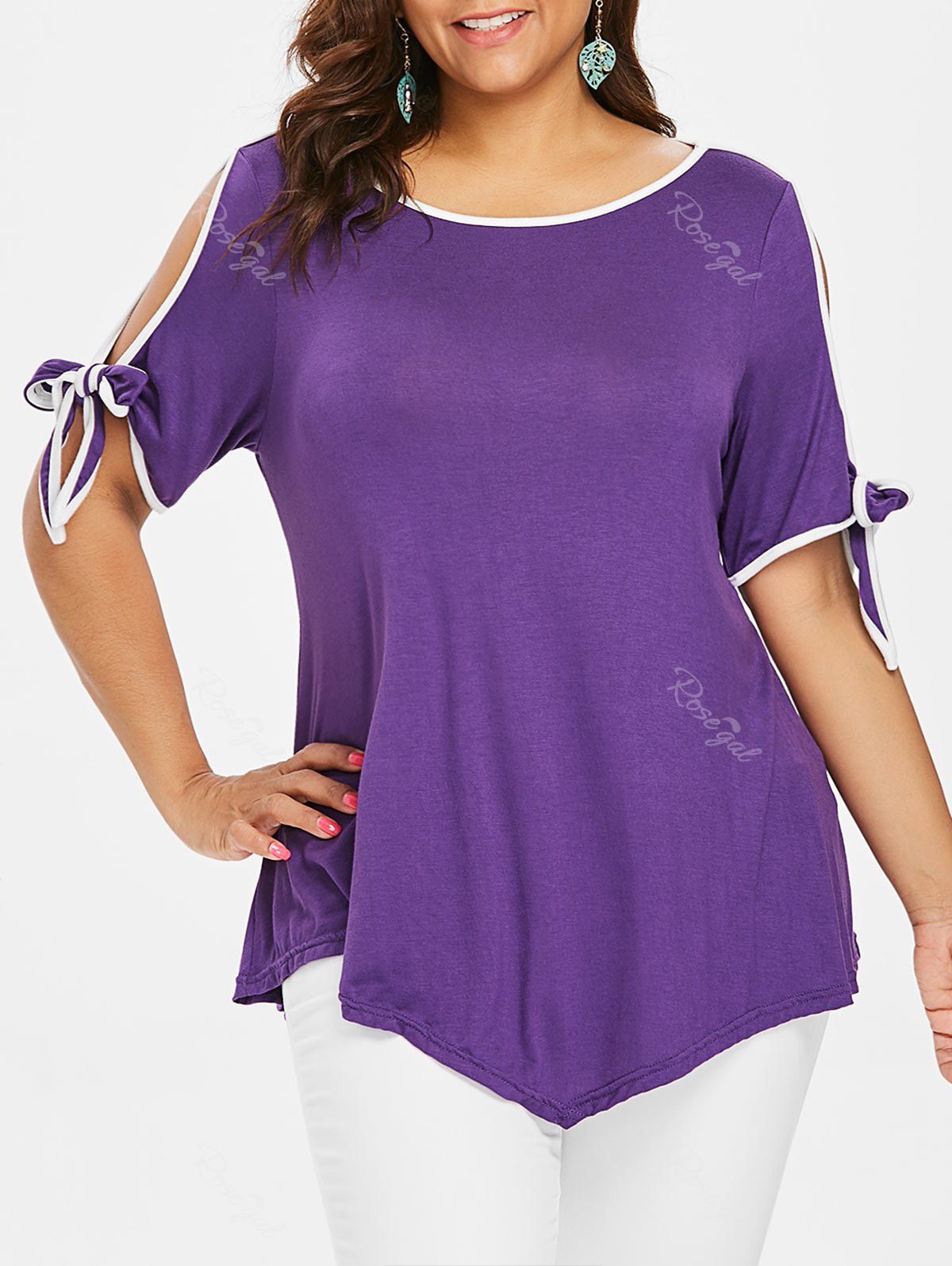 

Plus Size Contrast Trim Slit Sleeve T-shirt, Purple