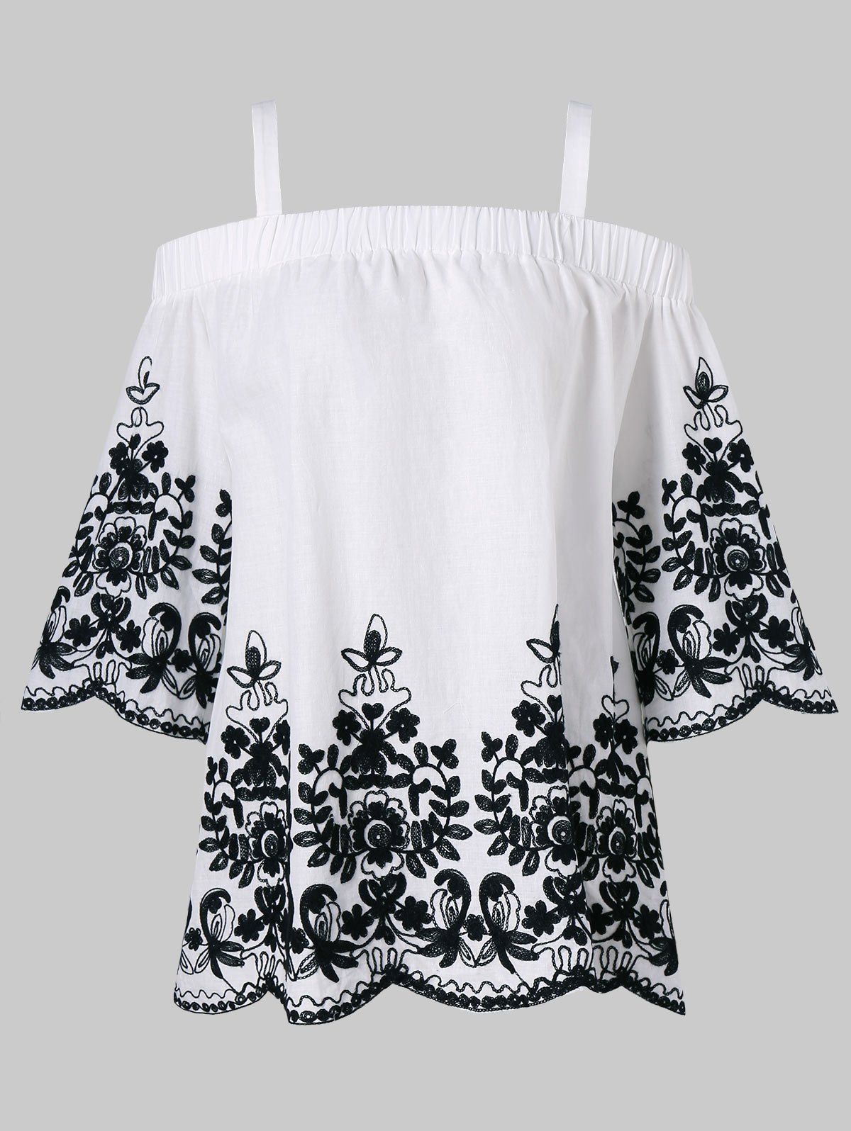 

Cold Shoulder Embroidery Scalloped Blouse, White