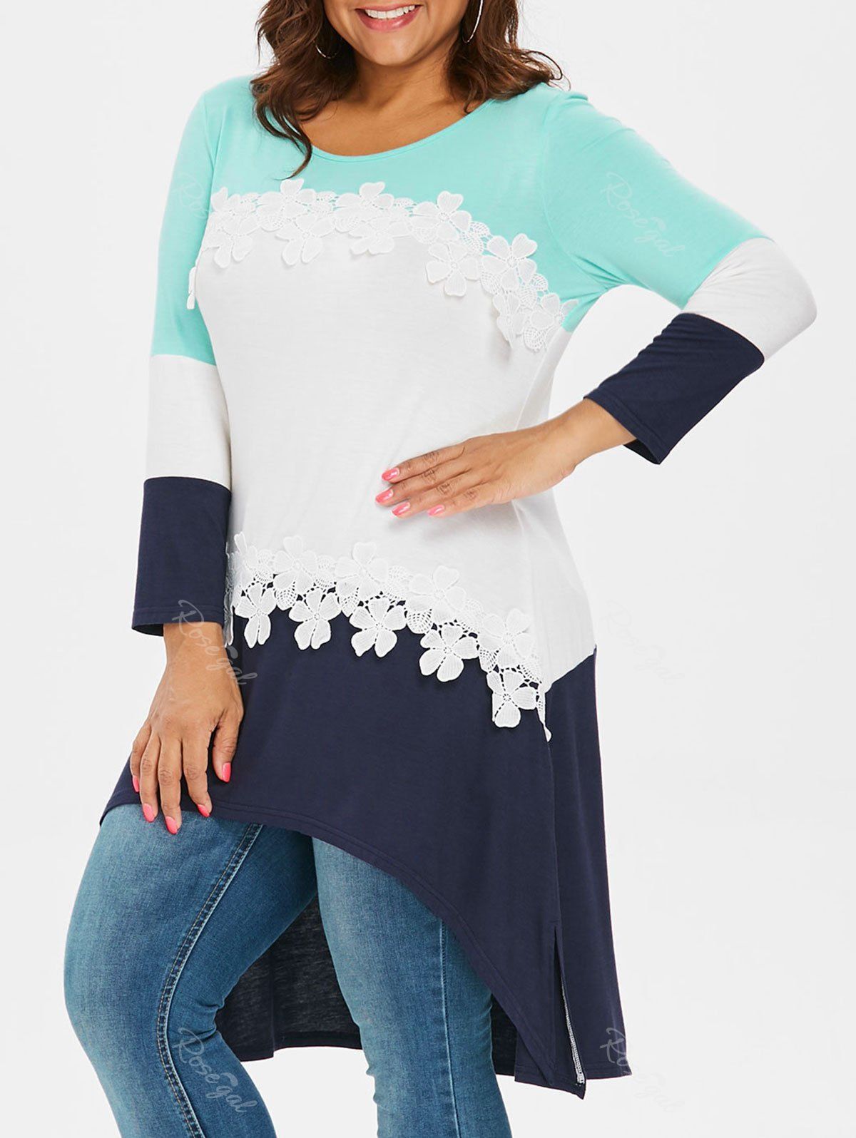 

Color Block Plus Size Applique High Low T-shirt, Multi