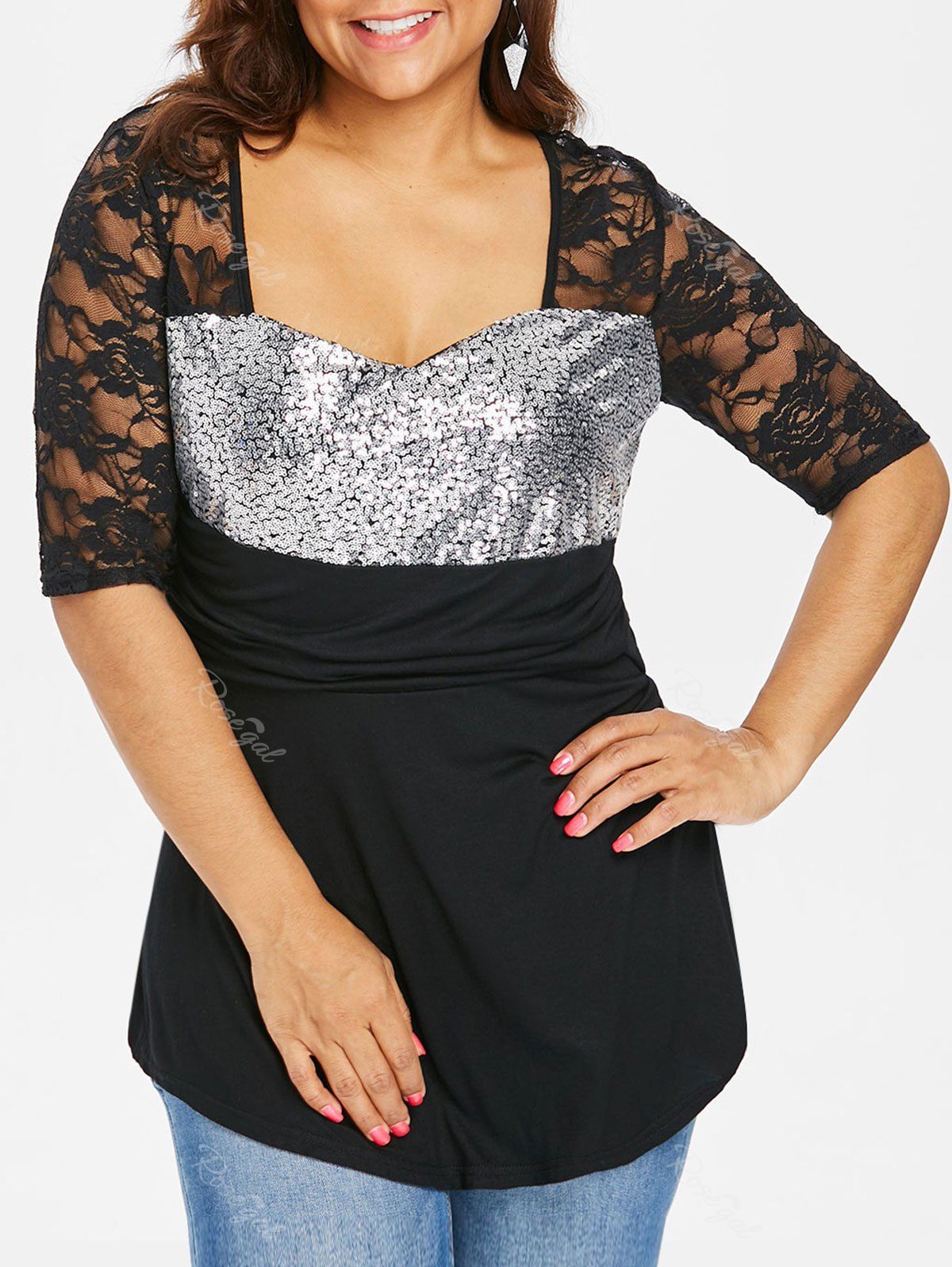 

Plus Size Lace Sequins Detail Ruched Blouse, Black