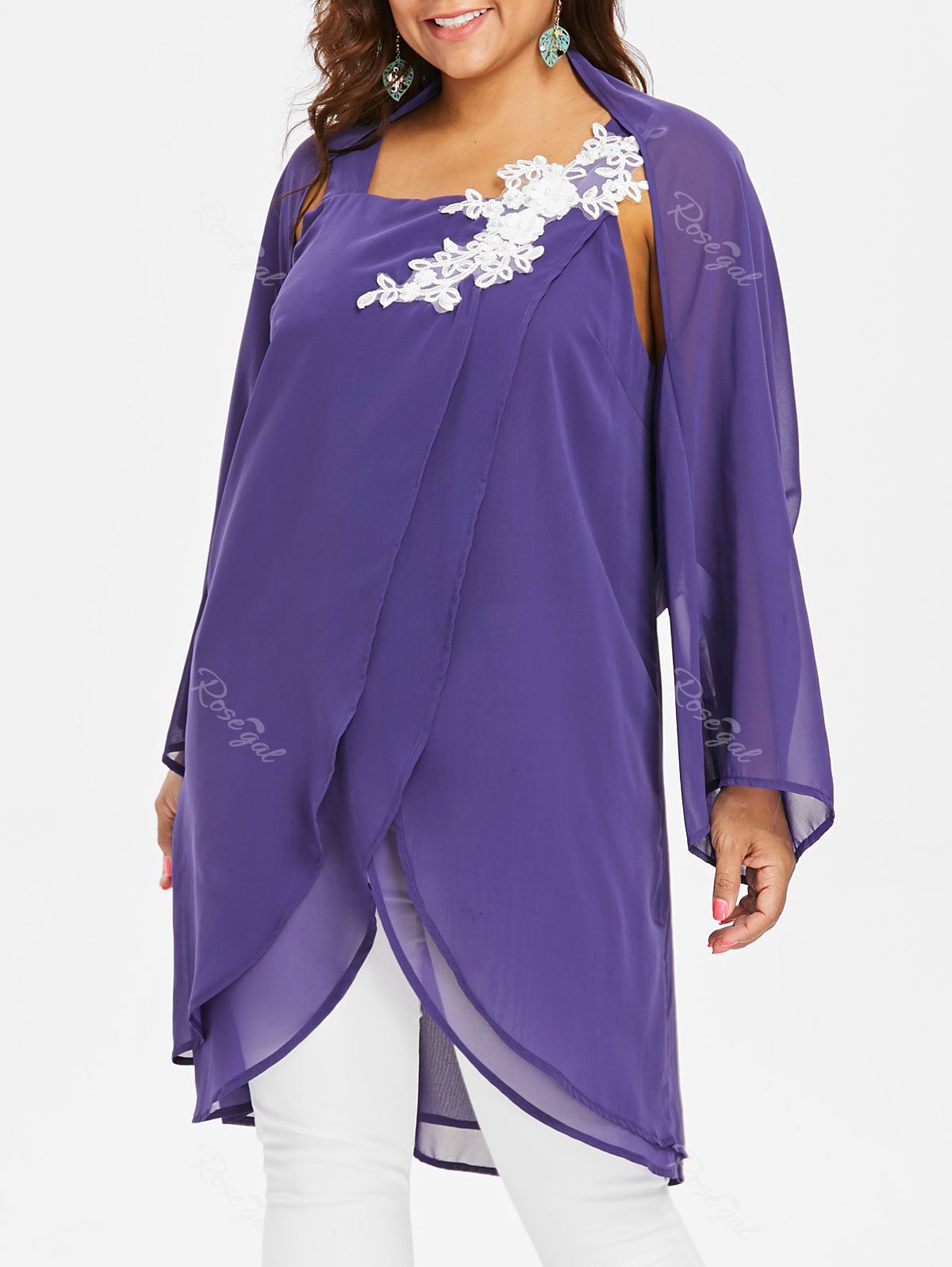 

Plus Size Square Neck Blouse With Long Sleeve Cape, Purple