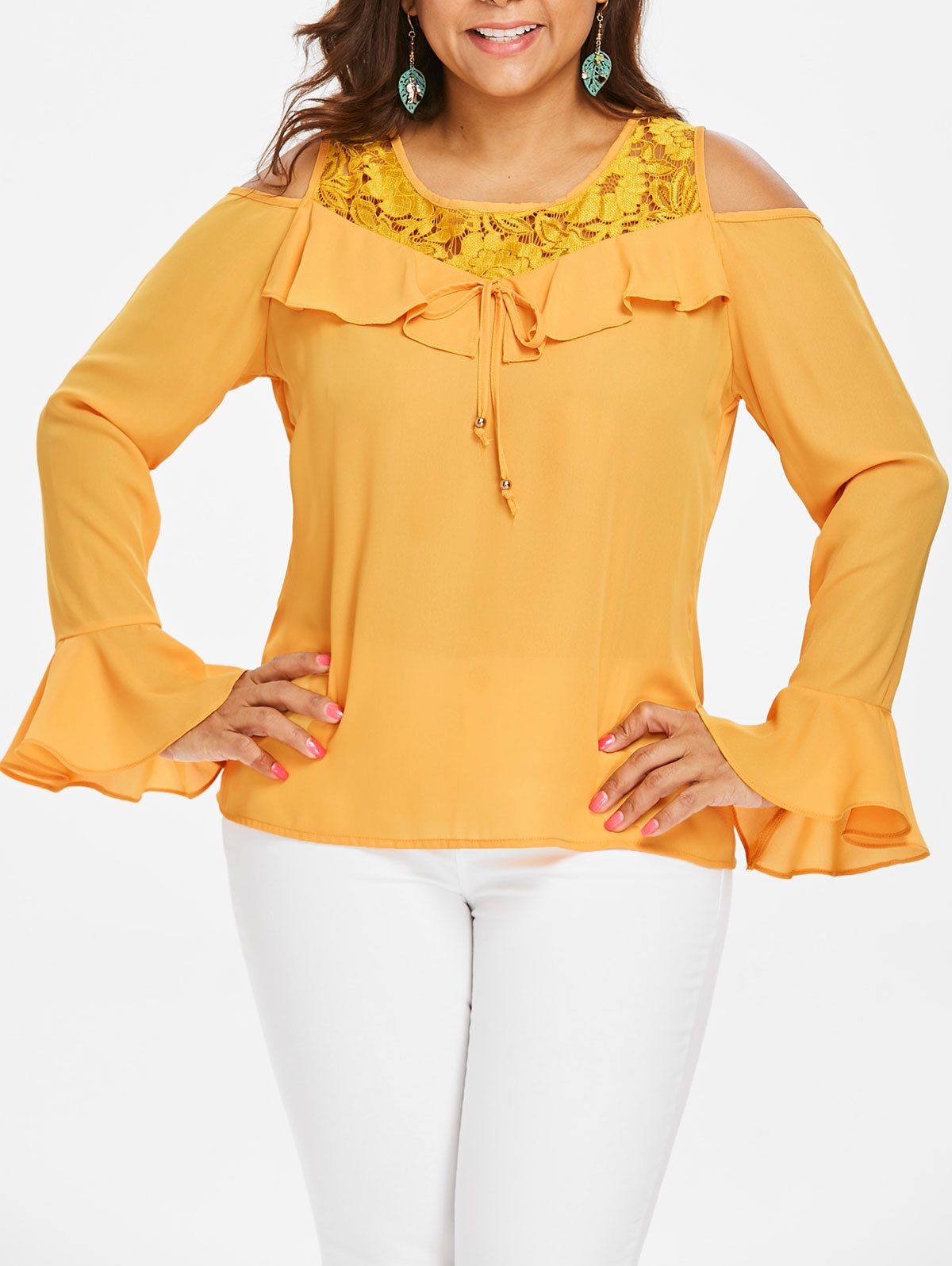 

Plus Size Lace Yoke Cold Shoudler Blouse, Bee yellow