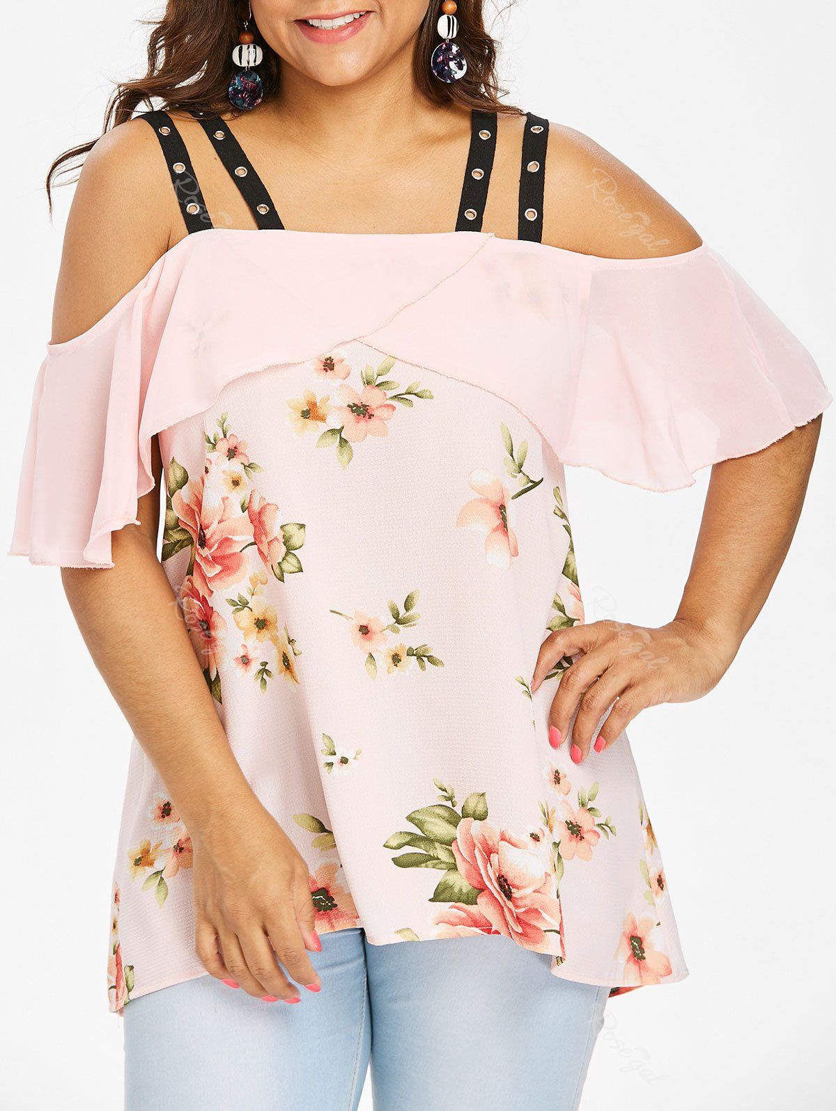 Plus Size Floral Cold Shoulder Blouse, Light pink